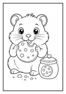Kleurplaat van een hamster die zich in een zakje graaft, makkelijk en schattig om in te kleuren