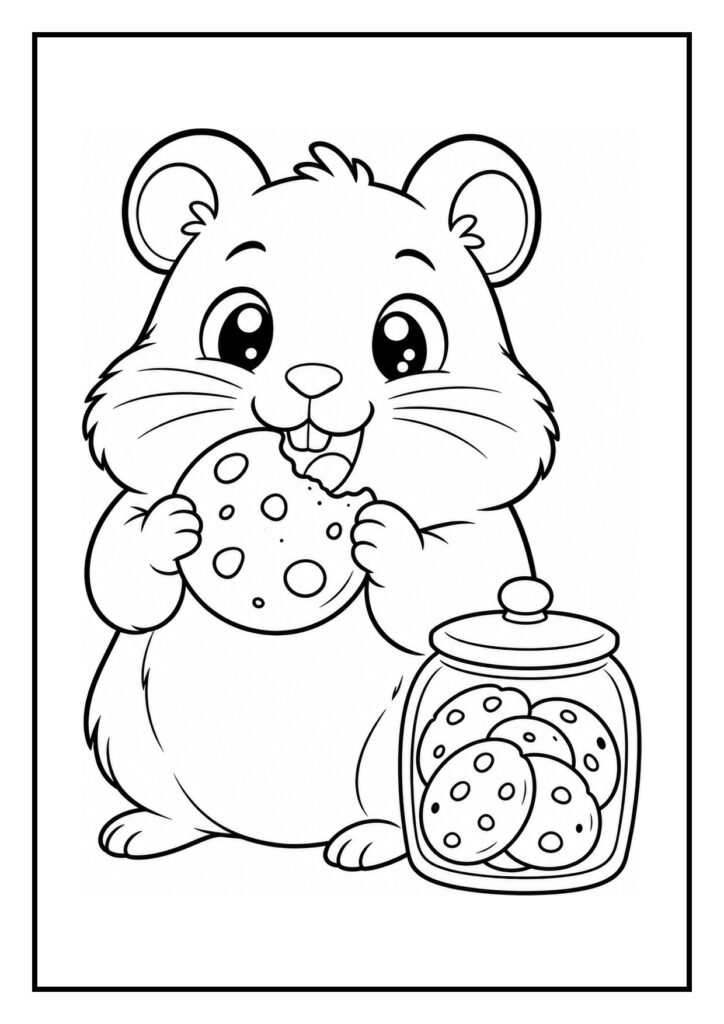 Kleurplaat van een hamster die zachtjes aan een slinger hangt en klimt