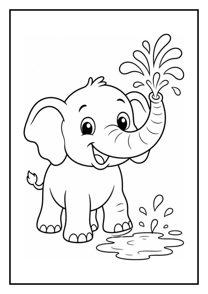 Schattige olifant die vrolijk met zijn slurf aan het schilderen is op de kleurplaat