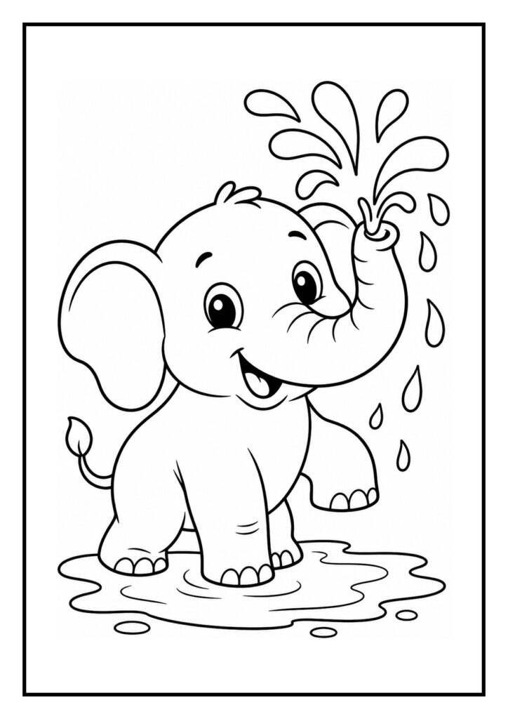 Schattige olifant kleurplaat voor kinderen die met zijn slurf water spuit