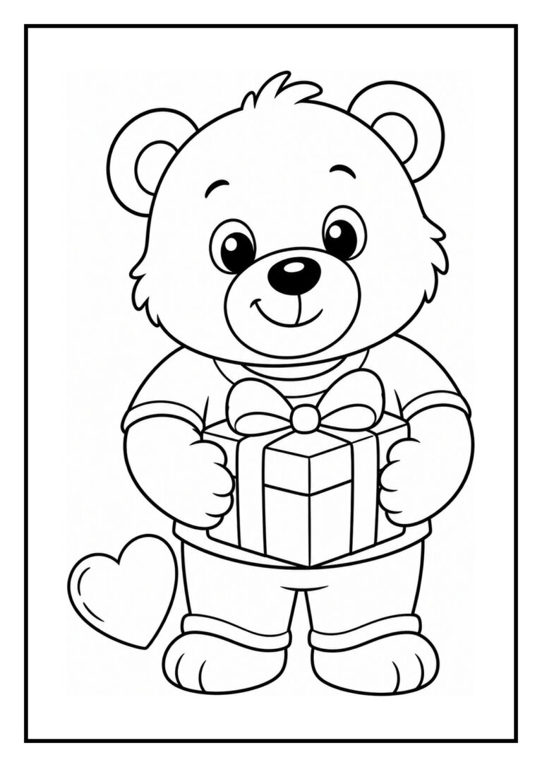 Kleurplaat van een schattige knuffelbeer die een cadeau vasthoudt naast een hartje, passend bij samen klussen voor papa's hobby.