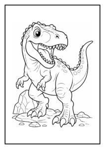 Kleurplaat van een vrolijke en vriendelijke tyrannosaurus rex staand op rotsen