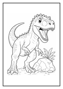 Leuke kleurplaat van een vrolijke T-Rex die naast een rots met planten staat