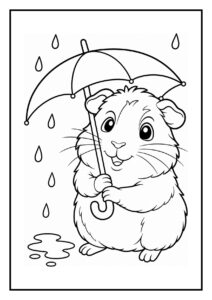 Een cavia die vrolijk springt in een hoop herfstbladeren, kleurplaat voor kinderen.