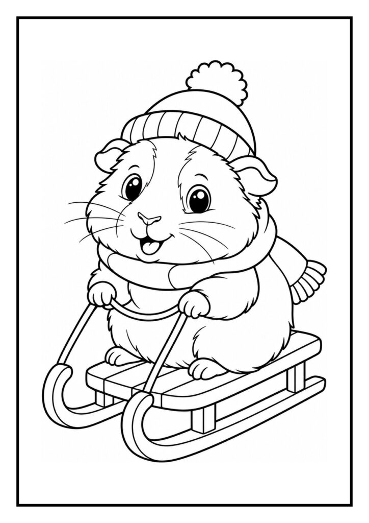 Schattige hamster met wintermuts en sjaal die op een slee zit en een kerstkrans op de deur legt in een eenvoudige kleurplaat.