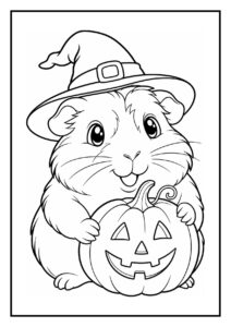 Kleurplaat van een vrolijke cavia die een halloweenpompoen met lichtje en een heksenhoed ontdekt