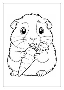 Kleurplaat van een schattige cavia die een wortel vasthoudt en in een buistunnel zit