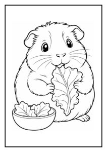 Kleurplaat van een schattige hamster die een blad eet met een kom bladeren naast zich