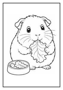 Kleurplaat van een schattige hamster die blaadjes eet met een bakje blaadjes naast zich