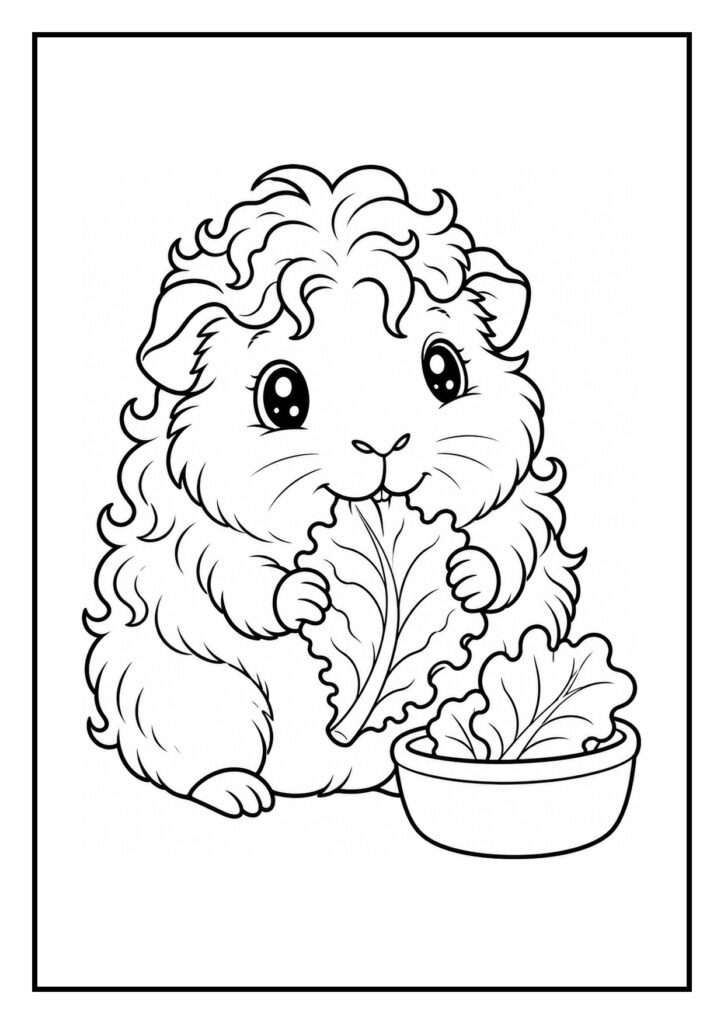 Kleurplaat van een cavia met krulhaar die zich laat wassen in een teiltje
