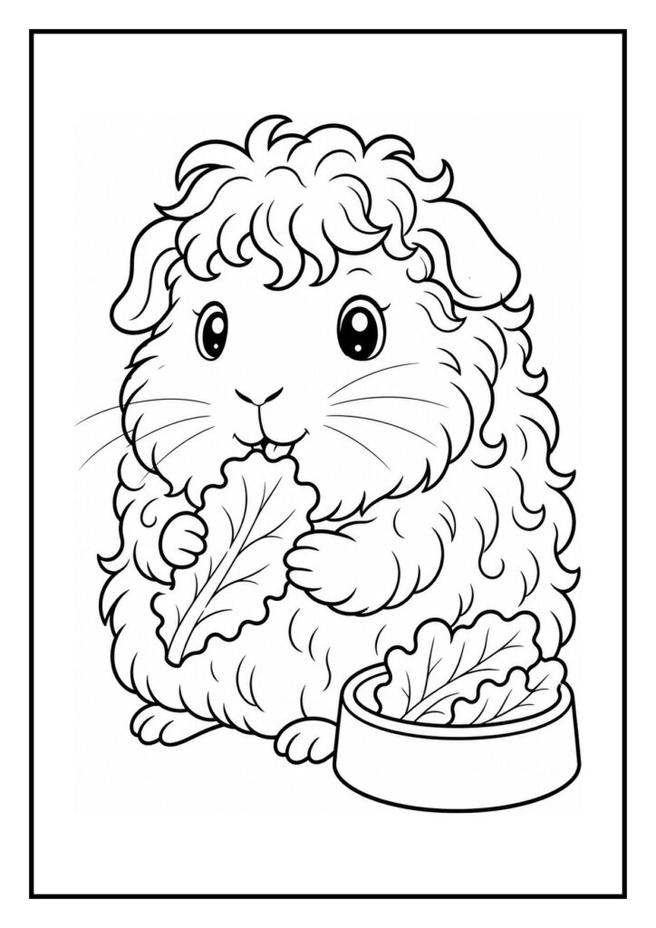 Kleurplaat van een schattige cavia die een blaadje sla eet naast een grote zonnebloem