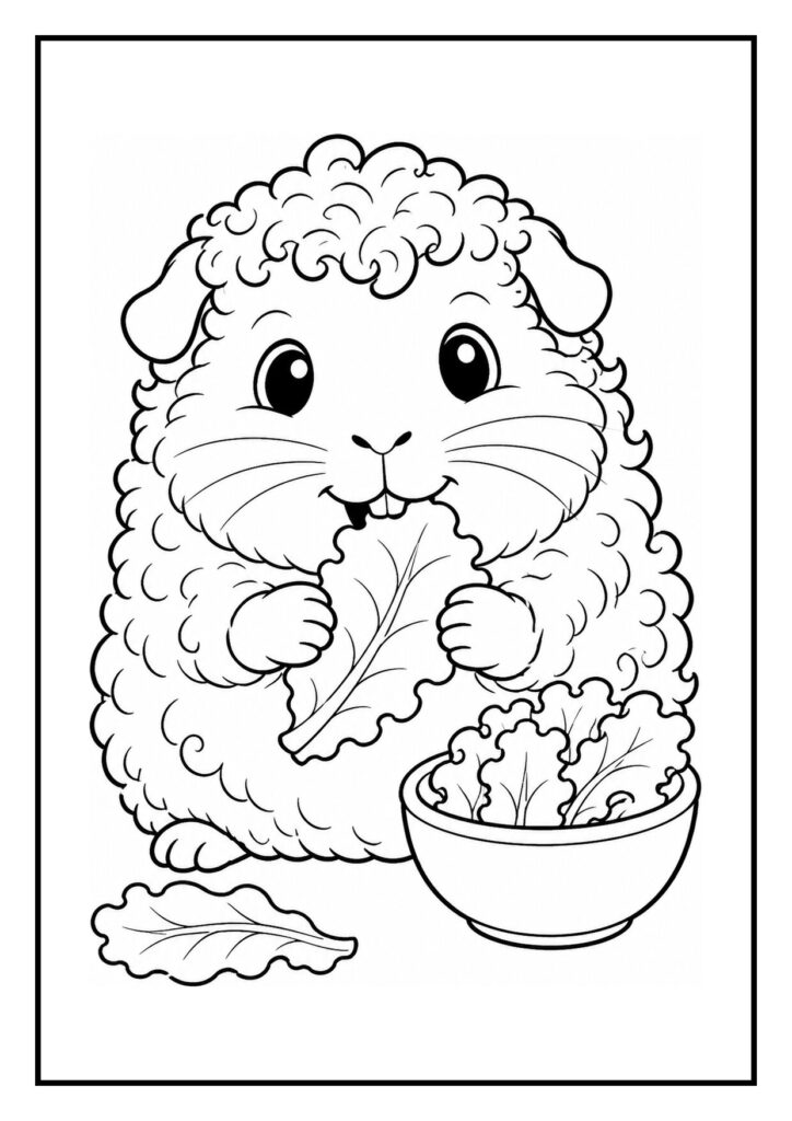 Kleurplaat van een krulhaar cavia die balanceert op een houten bruggetje met een kommetje blad naast zich