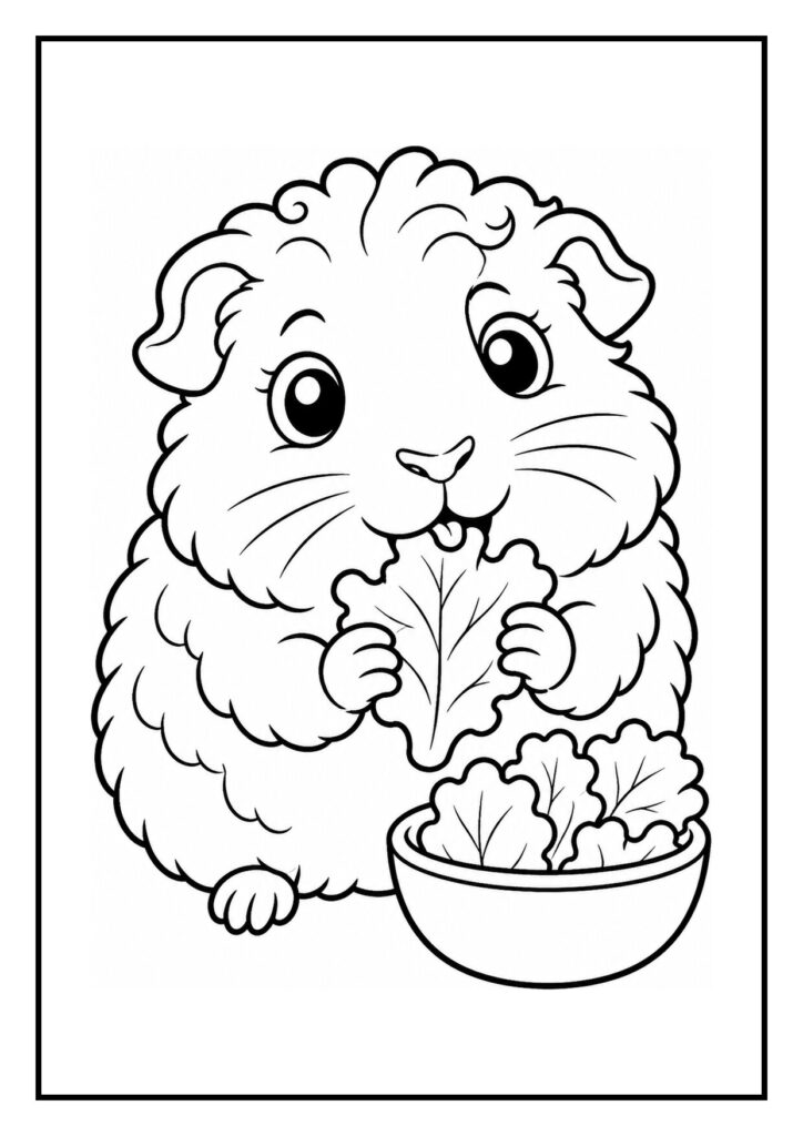 Schattige krulhaar cavia eet een verstopte stervormige snack op kleurplaat