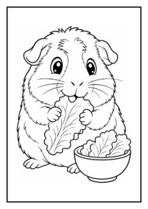 Schattige kleurplaat van een cavia die door een wortelparcours rolt