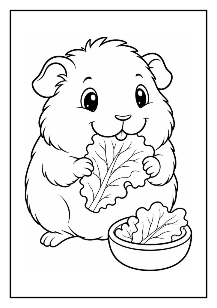 Kleurplaat van een schattige hamster die een sla blad eet met een grote kom salade naast zich