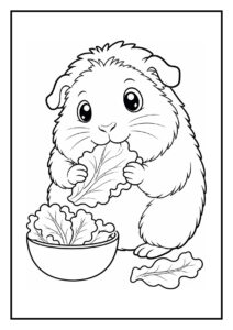 Kleurplaat van een schattige cavia die een blad sla eet met een kom sla naast zich en een regenboogparaplu erboven