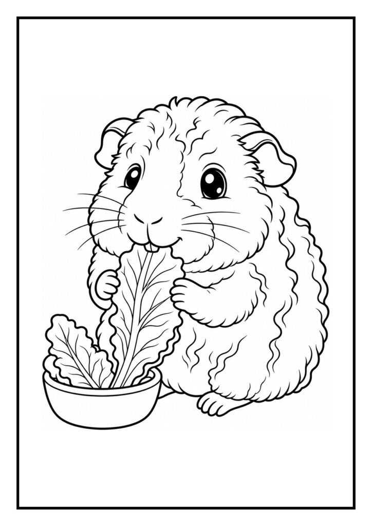 Kleurplaat van een schattige cavia die op een mini-scooter rijdt en een wortel vasthoudt.