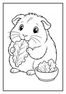 Kleurplaat van een schattige cavia die een blaadje eet naast een kom met blaadjes