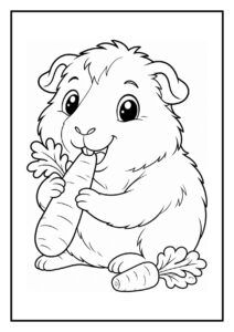 Leuke kleurplaat van een schattige rex-cavia die een grote wortel eet