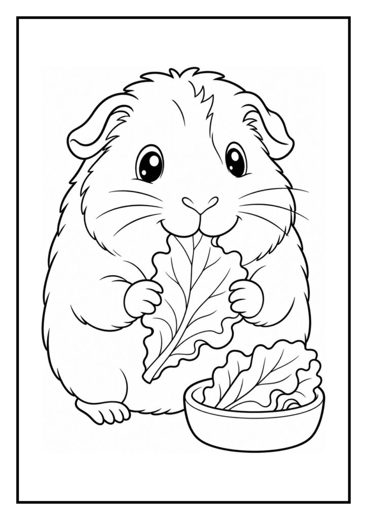 Kleurplaat van een schattige cavia die een blad sla eet uit een bakje bij een fotomoment