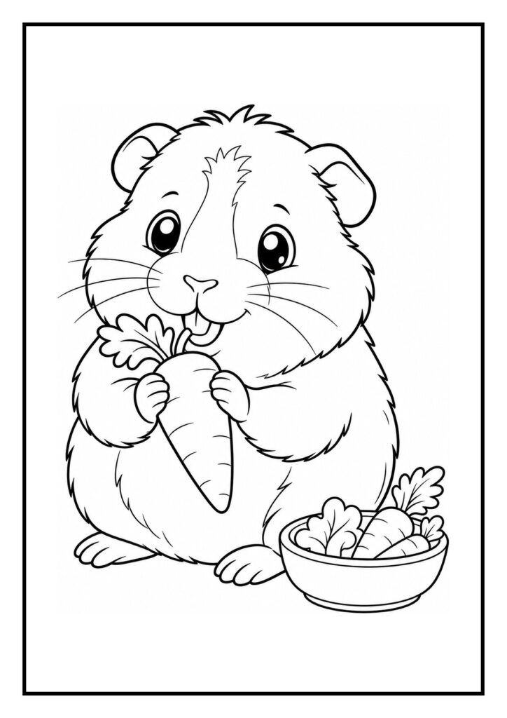Kleurplaat van een schattige hamster die een grote wortel vasthoudt met een kom wortels ernaast