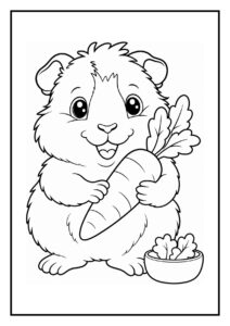 Kleurplaat van een schattige hamster die blij een wortel vasthoudt naast een bakje bladeren