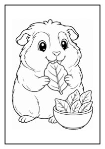 Kleurplaat van een schattige Peruaanse cavia die een blad eet met een bakje bladeren naast een kronkelende watertunnel
