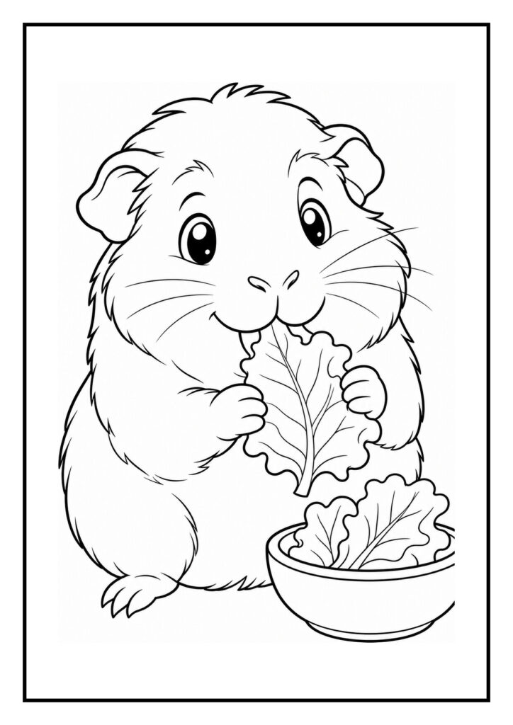 Kleurplaat van een schattige hamster die een sla blad eet terwijl er een kom met sla bladeren naast hem staat