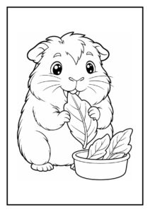 Kleurplaat van een schattige Peruaanse cavia die een blad eet uit een bakje met bladeren