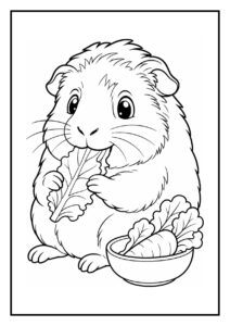 Kleurplaat van een schattige Peruaanse cavia met een grote strik die een blad eet, met een kommetje groenten erbij.