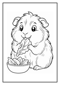 Kleurplaat van een schattige cavia die een blad eet uit een zachte regenboogdeken van bladeren