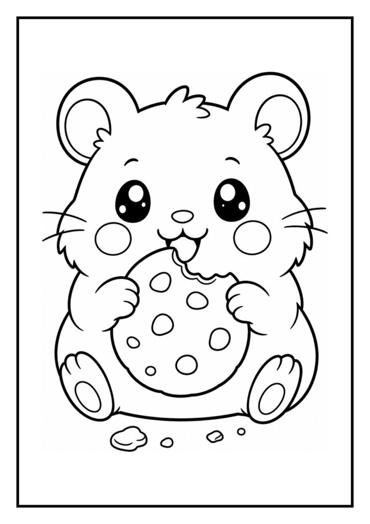 Schattige hamster die blij een reep appel vasthoudt op kleurplaat