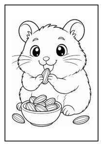Kleurplaat van een schattige hamster die noten eet uit een kommetje tijdens een wiel sprint
