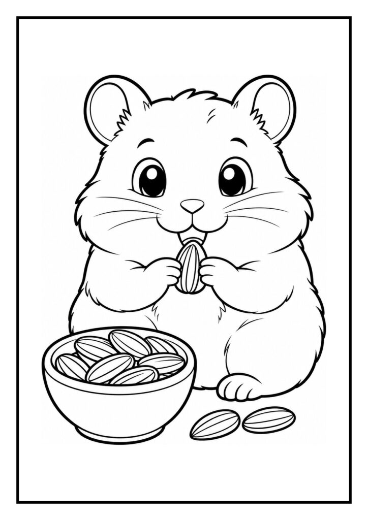 Kleurplaat van een schattige hamster die een zonnebloempit eet, met een kommetje vol zonnebloempitten naast zich