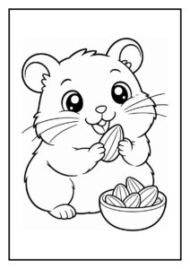 Kleurplaat van een schattige hamster die vrolijk in de spiegel kijkt terwijl hij zonnebloempitten eet