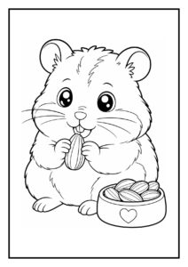 Schattige kleurplaat van een hamster die een zonnebloempit eet met een kom zonnebloempitten naast zich onder een herfstblad
