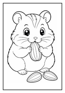 Schattige hamster kleurplaat voor kinderen die een hamster toont die zonnebloempitten eet.