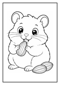 Kleurplaat van een schattige hamster die zijn wangzakken vult met zaden met extra zaden naast hem