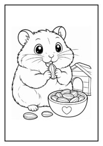 Kleurplaat van een schattige hamster die zijn snuit uit een tunnel steekt met zonnebloempitten en een huisje op de achtergrond