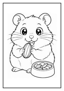 Schattige hamster rolt in zijn bolletje naast een bakje met zonnebloempitten kleurplaat