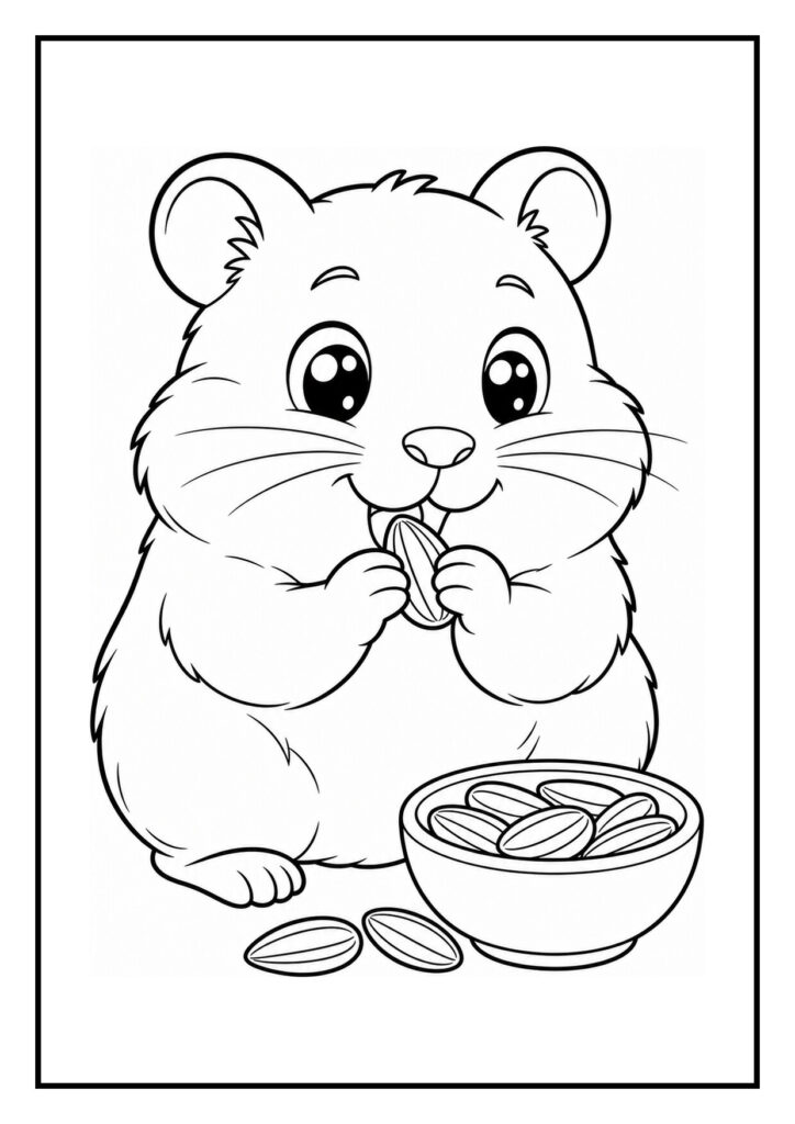 Een schattige kleurplaat van een hamster die zijn neus door het stro duwt met een kom zaden ernaast