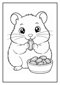 Kleurplaat van een schattige hamster die zich half verstopt in zijn voerbak met pinda's.