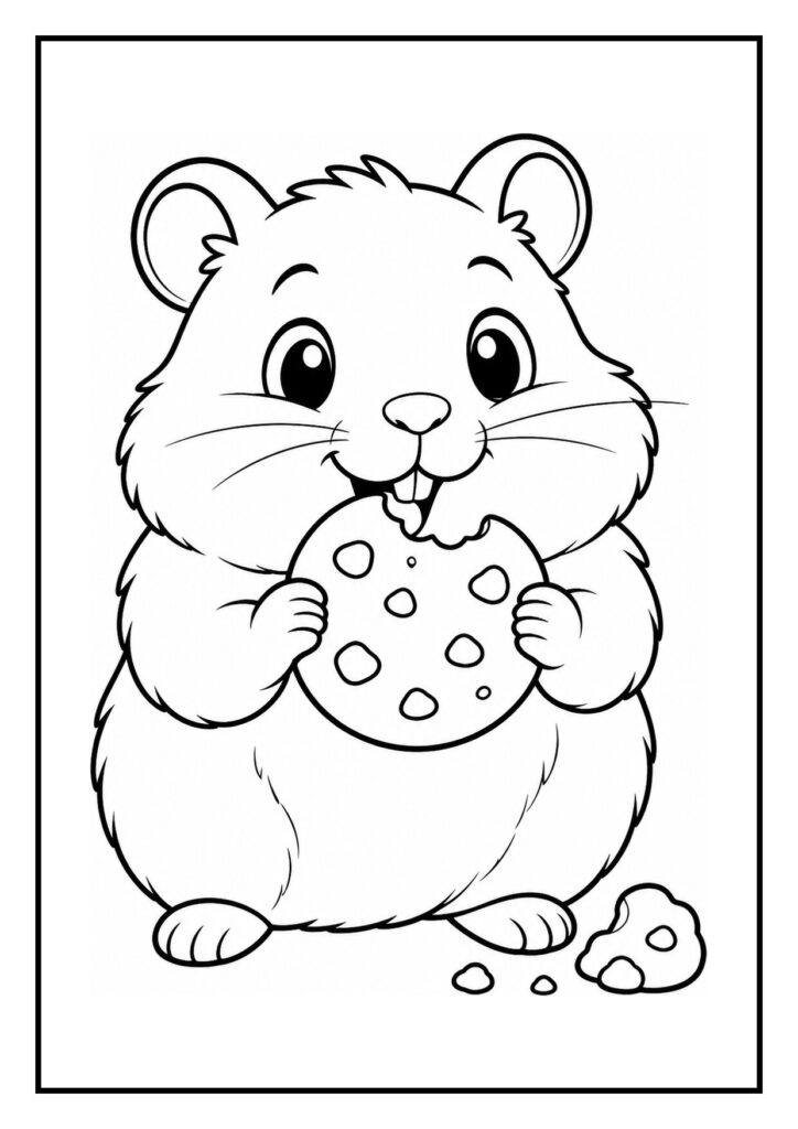 Kleurplaat van een schattige hamster die een noot openknaagt met kruimels ernaast.