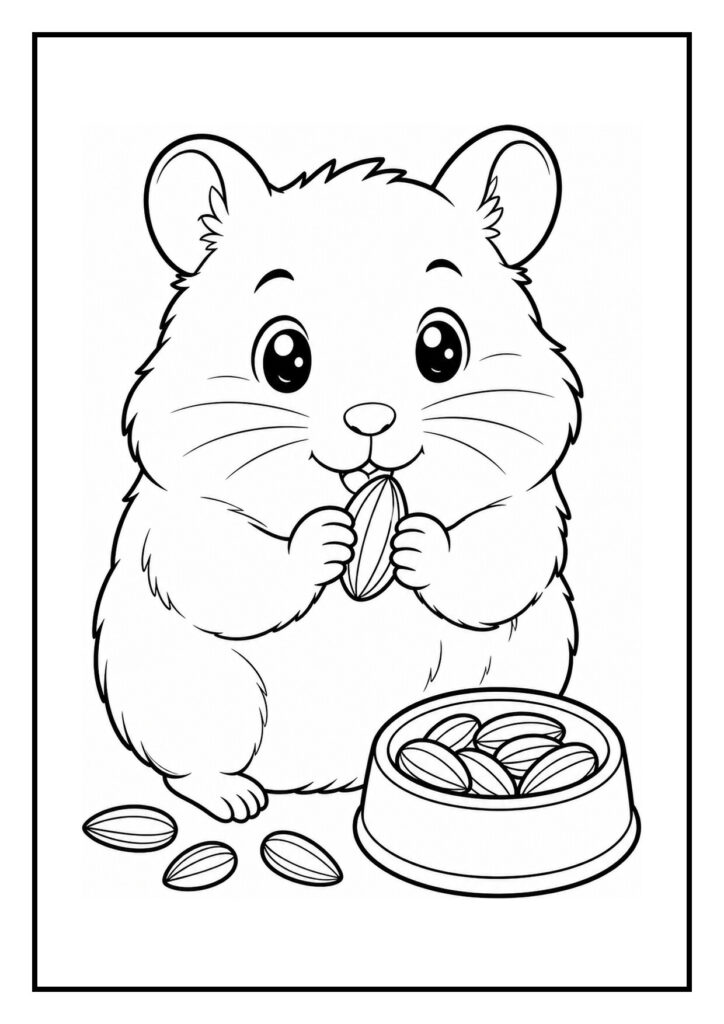 Kleurplaat van een schattige hamster die zaden onderzoekt bij een open zaadbak