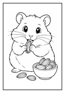 Kleurplaat van een schattige hamster die zich half verstopt achter een grote zonnebloempit en zaden eet