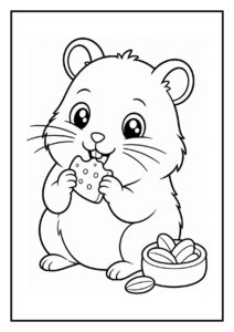 Kleurplaat van een schattige hamster die een koekje eet met een bakje nootjes naast zich