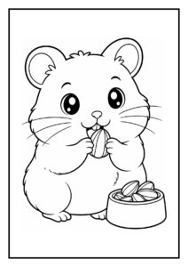 Kleurplaat van een schattige hamster die een zaadje eet uit een bakje vol zaden
