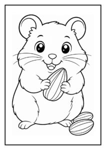Kleurplaat van een schattige hamster die een noot vasthoudt met twee noten naast zich op een tuinpad