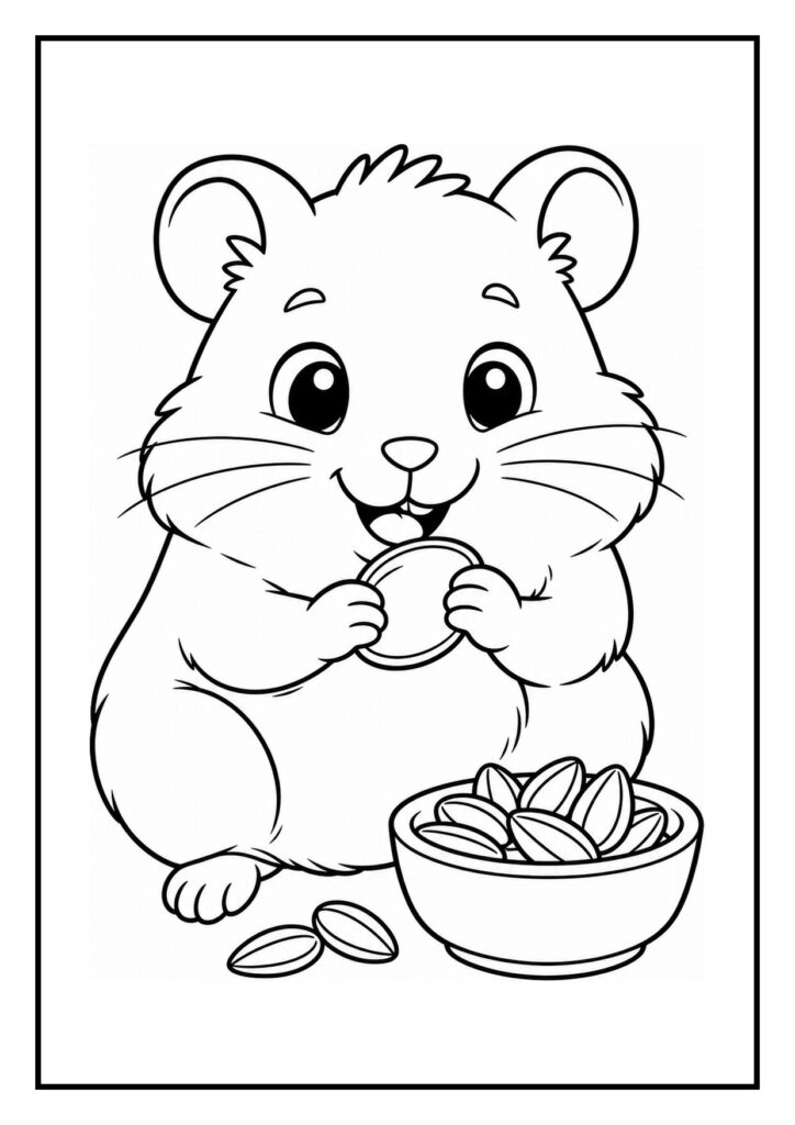 Vrolijke kleurplaat van een schattige hamster die in een kleine kruiwagen rijdt en een kom zoutpinda's vasthoudt.