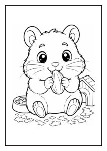 Kleurplaat van een schattige hamster die terugkijkt terwijl hij op een tak zit, met een zonnebloempit in zijn poot.